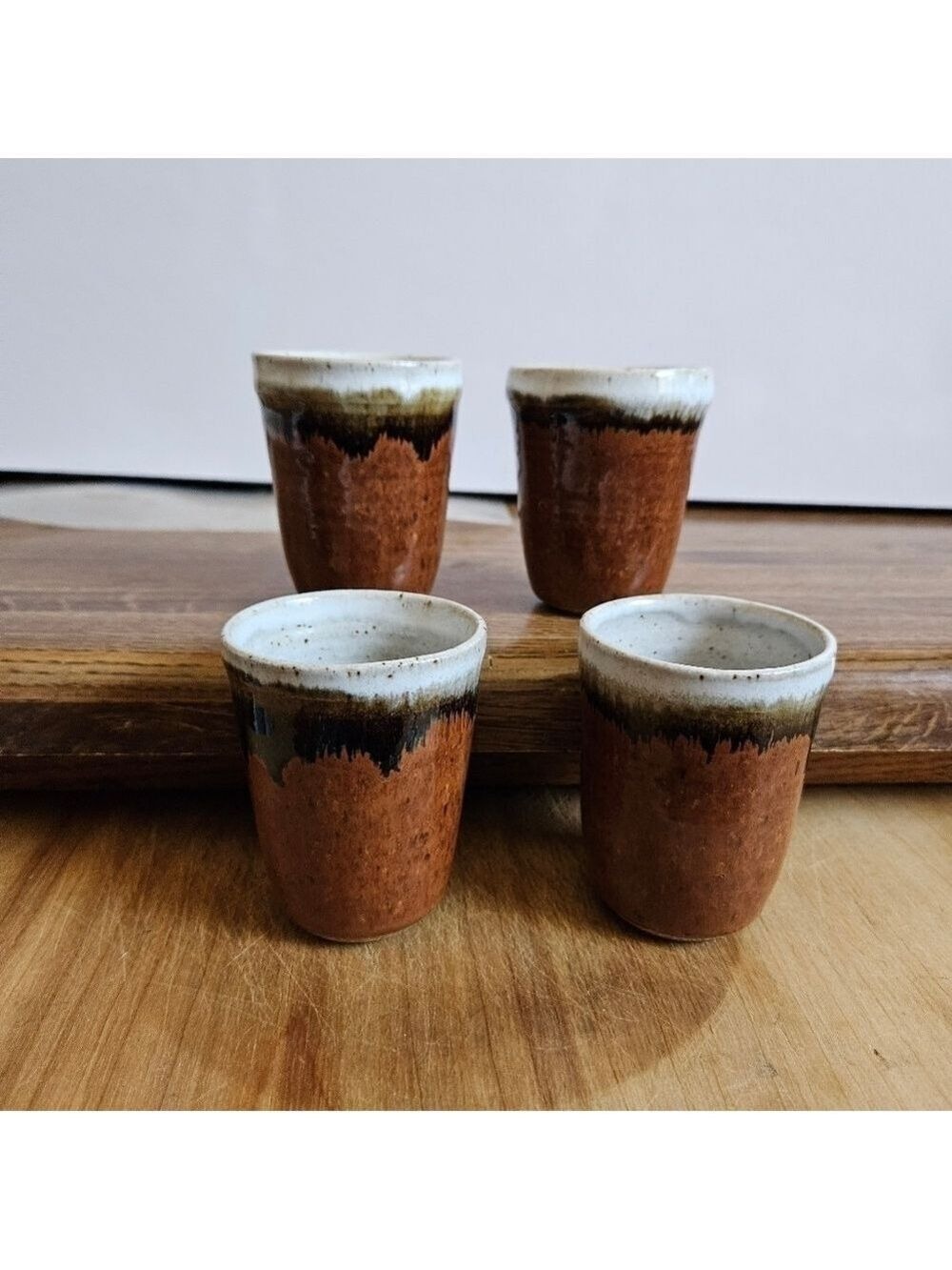 Set of 4 Handmade Drip Glazed Stoneware Mugs or Tumblers.